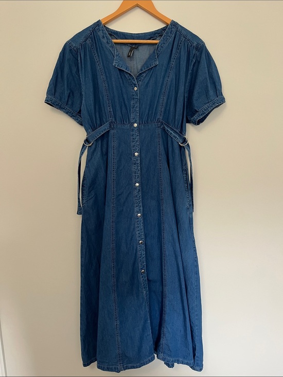 Dresses & Skirts - Women’s Denim Midi Dress Blue 100% Cotton Snap Button Adjustable Puff Sleeves